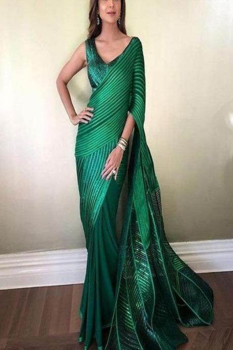 Green Color Satin Bollywood Style Saree SY 5491