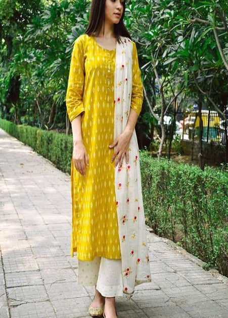 Yellow And White Colored Regular Wear Salwar Suits