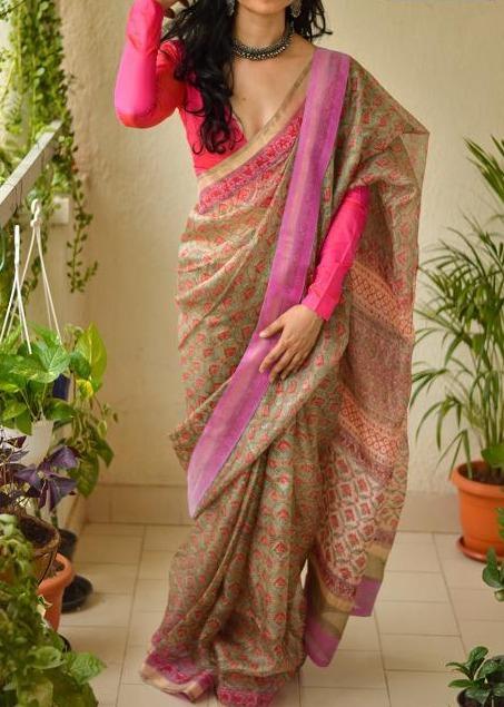 Deserving Pink Colored Soft Silk Golden Printed Saree for woven