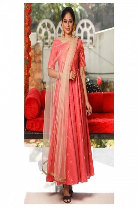 Pink  Color Designer Party Wear Lattest Design For Regular Wear Digital Print Dress Net Dupatta TDS2524