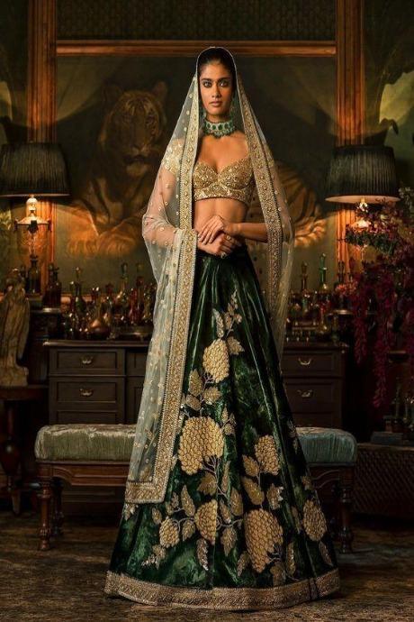 Designer Velvet Green Lehenga Choli For Women