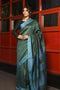 Handwoven Linen Saree with blue silk border for Festive Wear woven