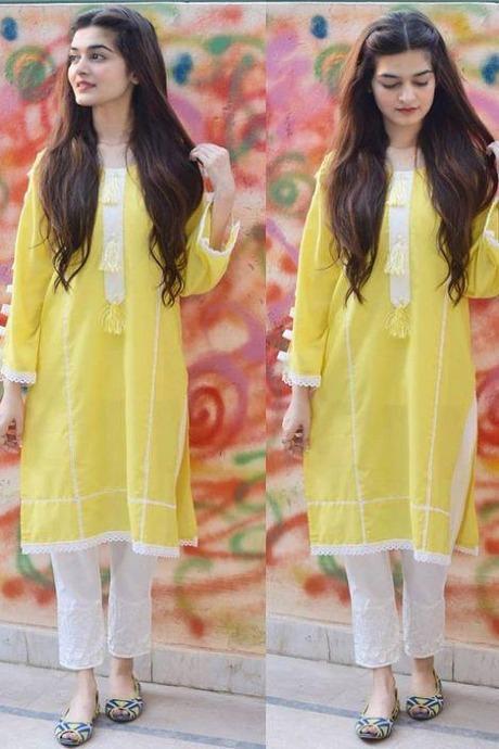 Pineapple Yellow Color Chiken Work Kurti and Bottom Set TDS1992