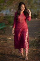 Ruby red color Kurti Rayon And Plzaoo