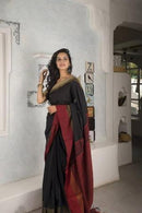 Black Handwoven Linen Saree with red Printed Border for Woven