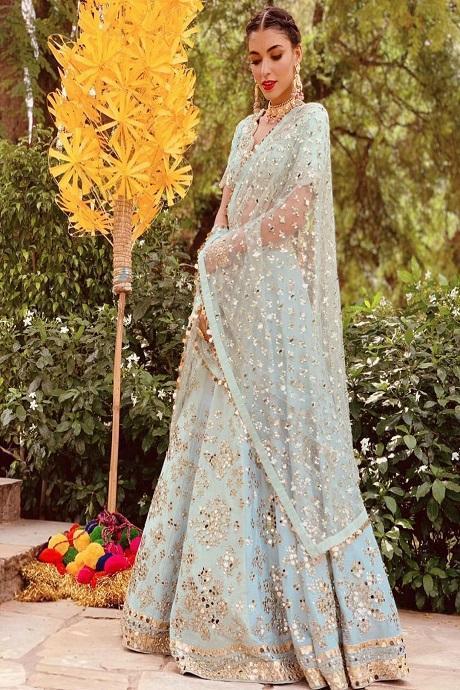 Sky Blue Heavy Box Pattern Round Embroidery Lehenga