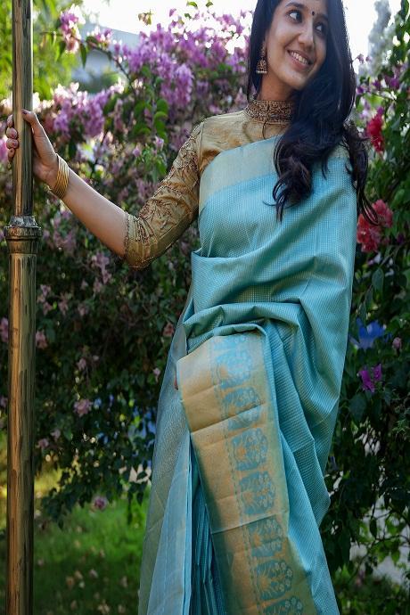 Energetic Light Ferozi and Golden Color Soft Cotton Sarees SY 6634