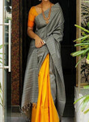 Classic Mustard yellow n grey Color Banarasi Pure Saree dailywear