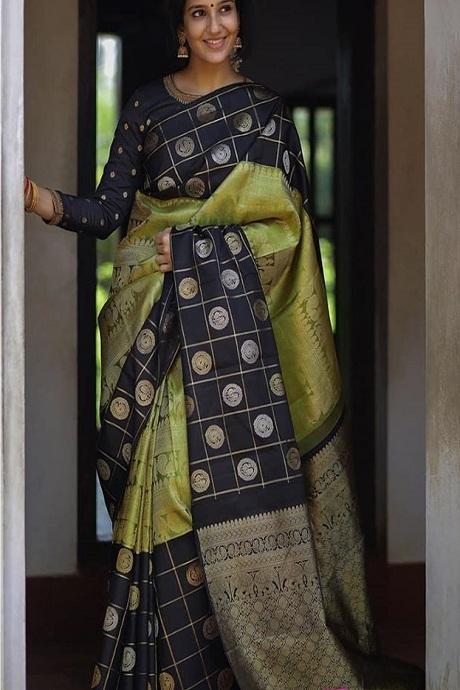 Designer One piece Green Black colored Saree SY 6506