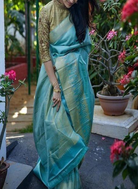 Engrossing Kanjivaram Pure Soft Silk Firozi Colour Saree SY 5592