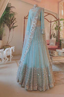 Sky Blue Color Jardoshi Embroidery Work Designer Party Wear Lehenga