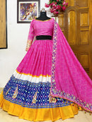 Blue-Pink Digital Printed Butter Silk Designer Lehenga Choli