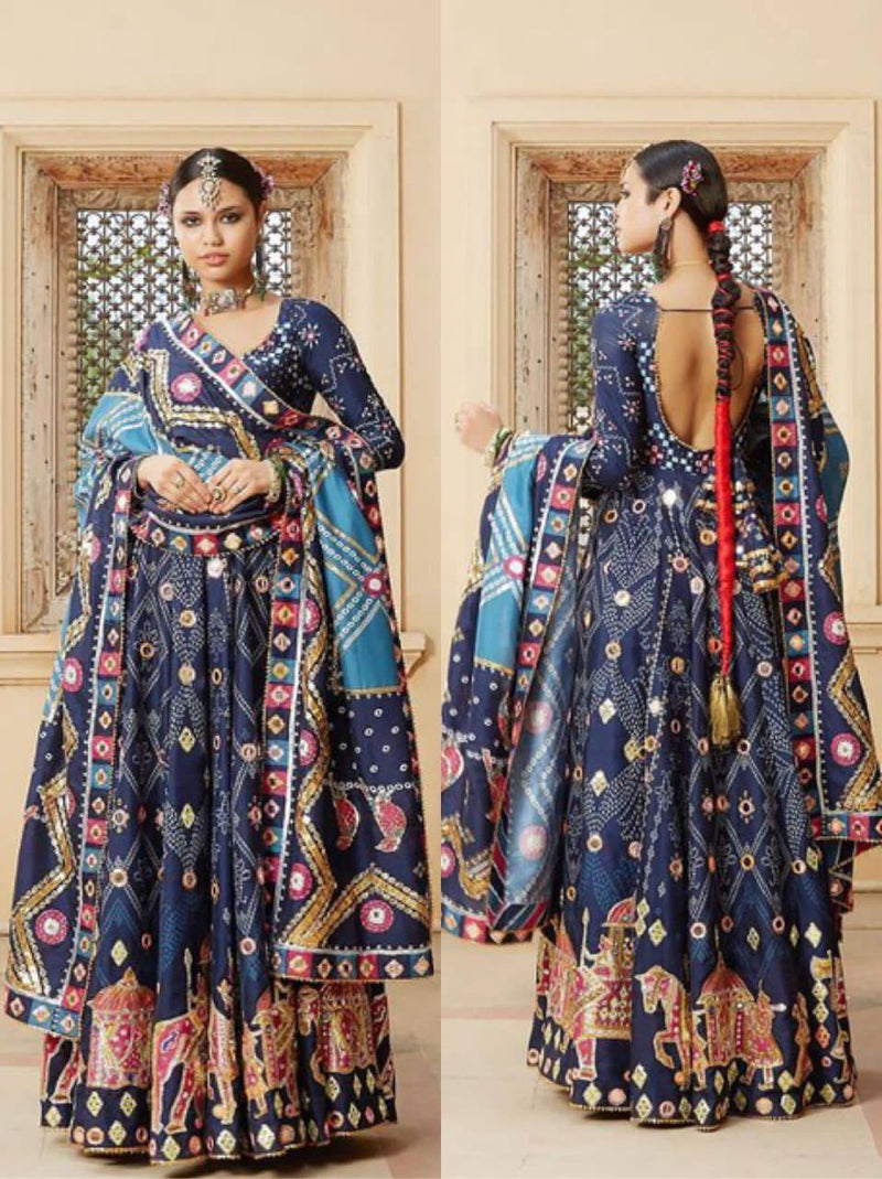 Blue butter silk with digital printed gown