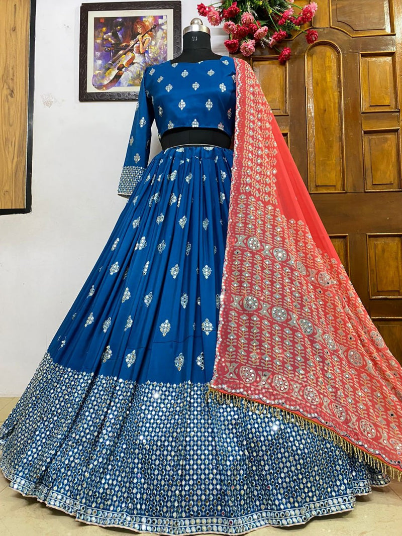 Blue butter silk heavy real mirror work wedding lehenga choli