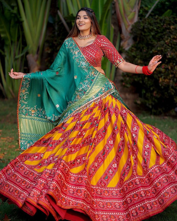 Butter Silk Digital Print and Mirror Work Lehenga Choli S  red & green