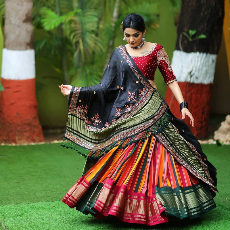 Midnight Multi Lehenga With Red Blouse And Black Dupatta