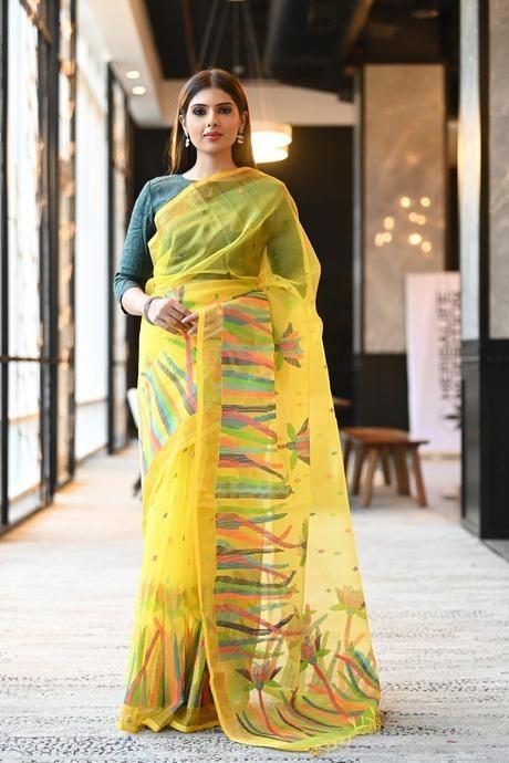 Designer Yellow Colored Linen Cotton Silk Fabric Saree SY 6664