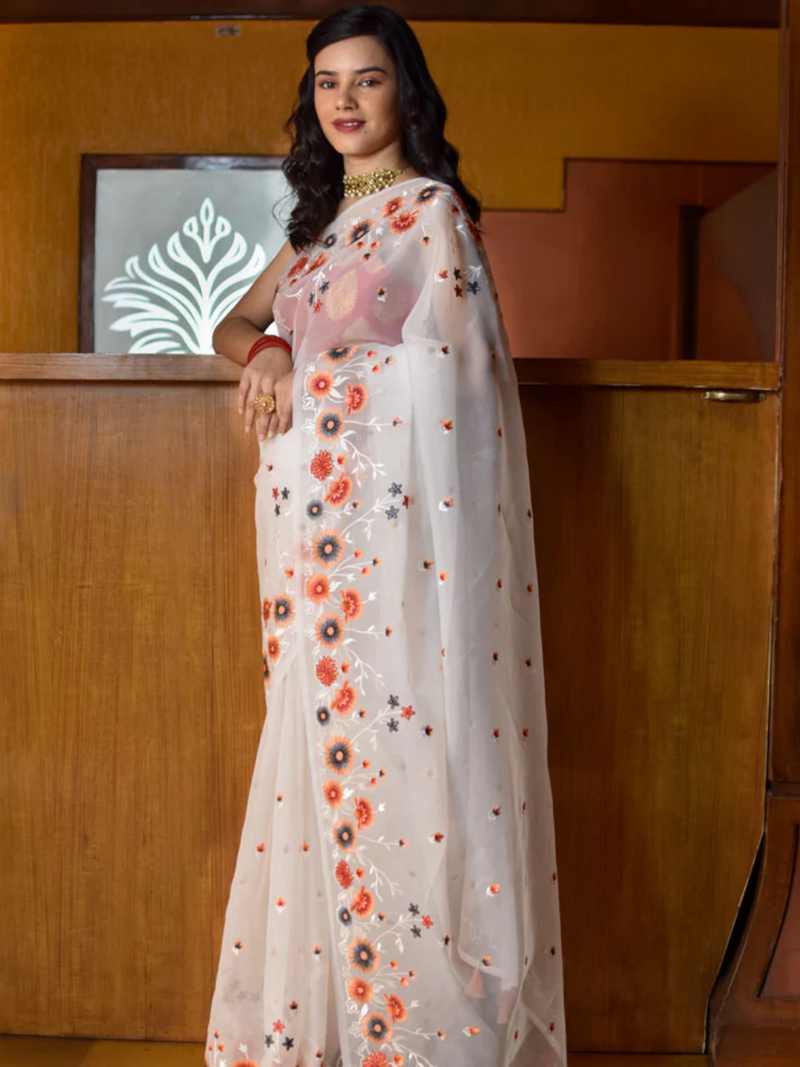 Banarasi Floral Embroidered  White Organza Saree For Women