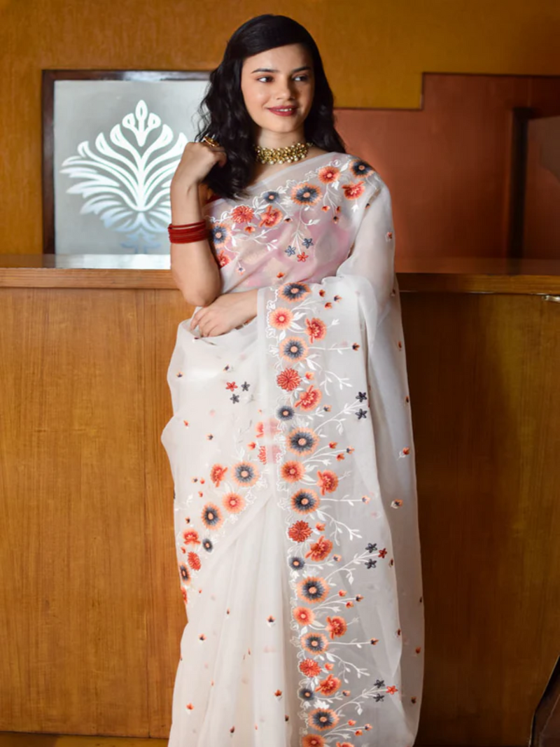 Banarasi Floral Embroidered  White Organza Saree For Women