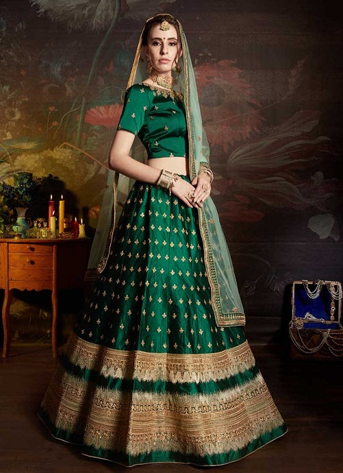 Dark Green Color Wedding Wear Taffeta Silk Base Designer Lehenga Choli