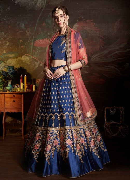 Designer Buy Taffeta Silk Blue Wedding Lehenga Choli