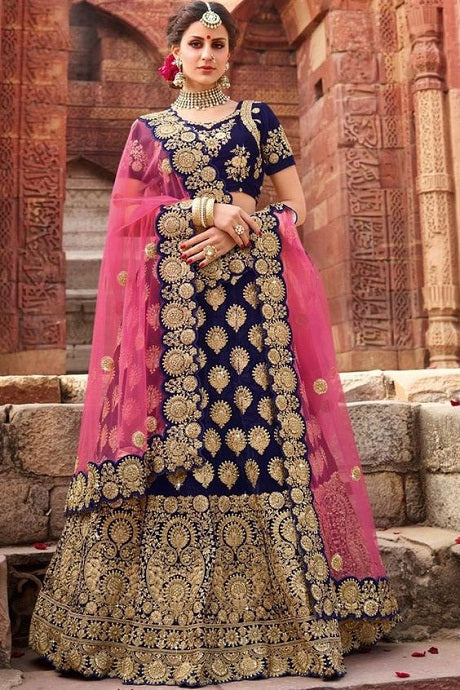 Embroidered Taffeta Silk Lehenga in Navy Blue