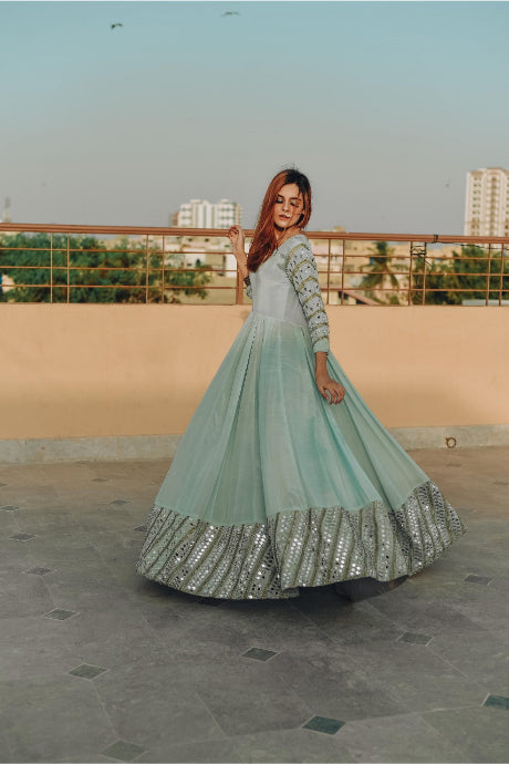 Sky Blue Designer Mirror Work Gown