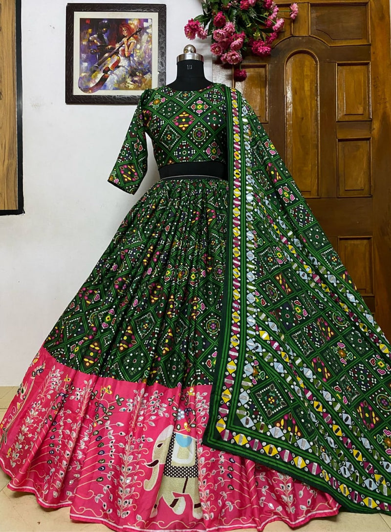 Green butter silk printed and mirror work lehenga choli