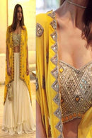 Three Piece Yellow Color Heavy Embroidery Suits For Women