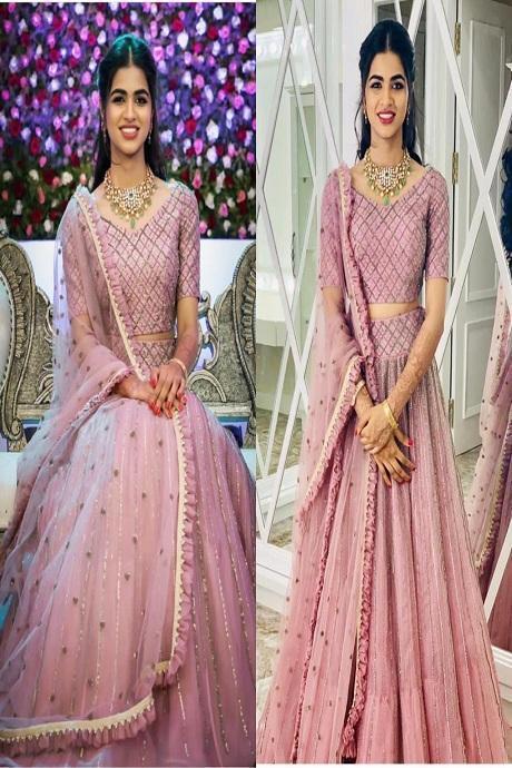 Sky Pink Party Wear Net Lehenga Choli For Girls