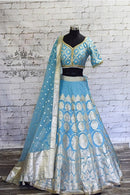 Designer Sky Blue Embroidered Bridal Satin Lehenga Saree