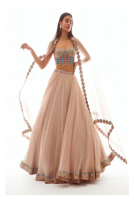 Soft Net Cream Color Indian Designer Bridal Mirror Lehenga