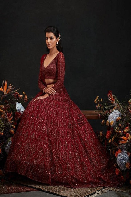 Traditional Party-Wear Red Designer Jacquard Lehenga Choli