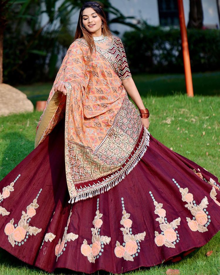 Maroon Latest Designer Silk Embrodiery Work Lehenga Choli Online