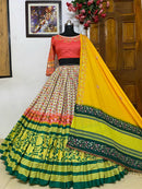 Yellow & Green Soft Butter Silk With Mirror Work Free Size Fully Stitched Lehenga