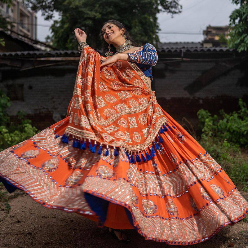 Orange butter silk digital print and mirror work navratri festival chaniya choli