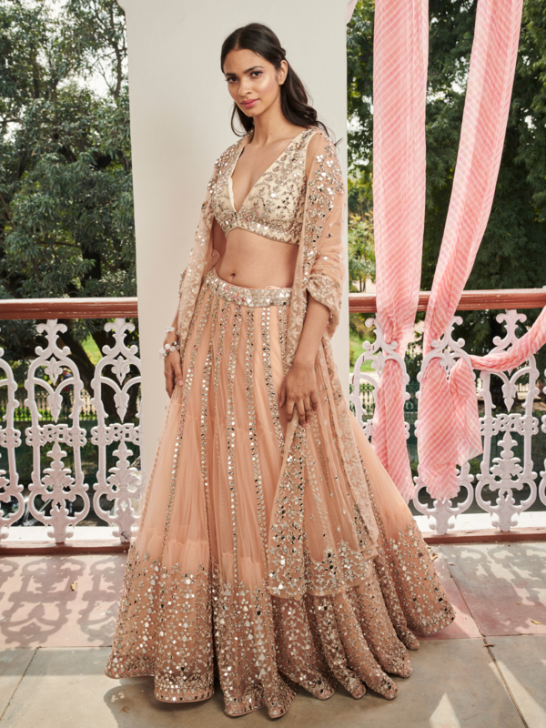 Peach Nylon Mono Net Sequence Embroidery Work Lehenga Choli