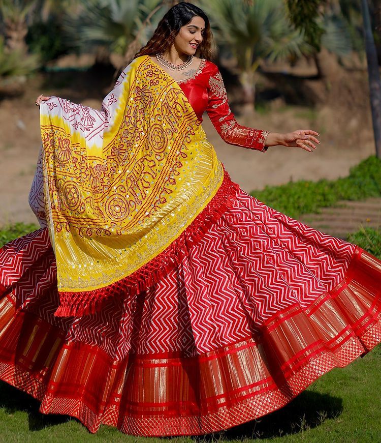 Red Soft Butter Silk Zig Zag Printed Lehenga Choli