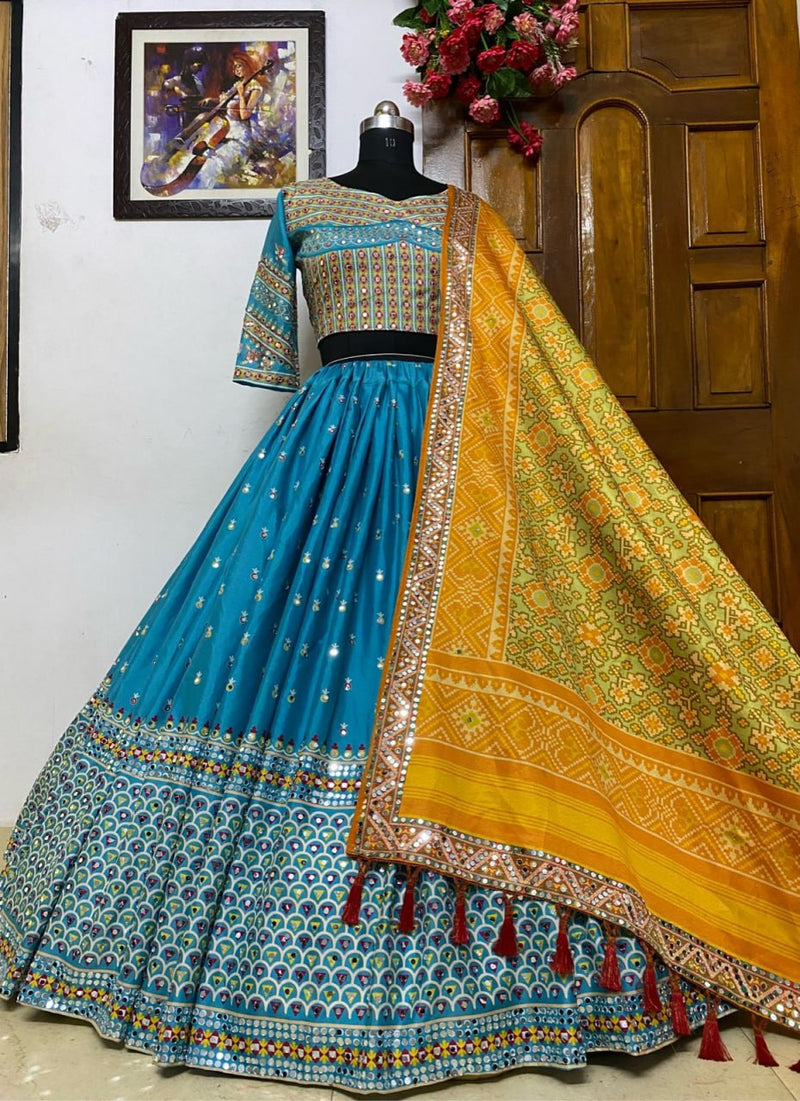 Sky blue soft butter silk digital printed real mirror work lehenga choli