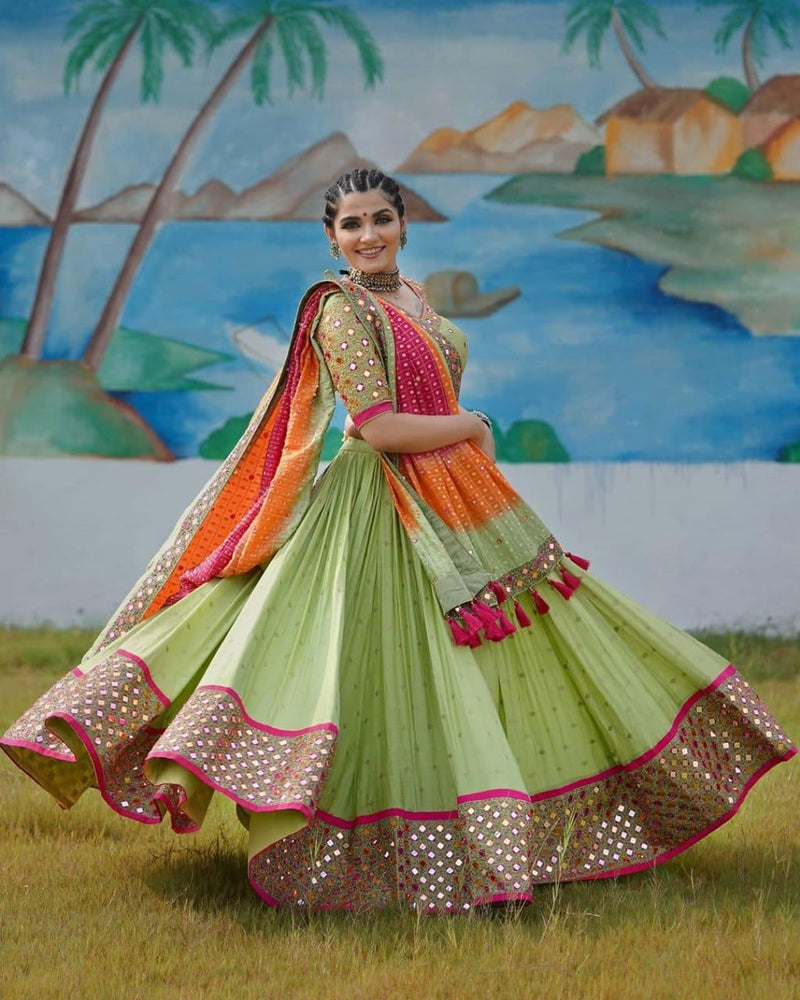 Stylish Soft Butter Silk Green Mirror Work Lehenga Choli