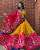 Traditional Wear Yellow And Pink Real Mirror Lehenga Choli