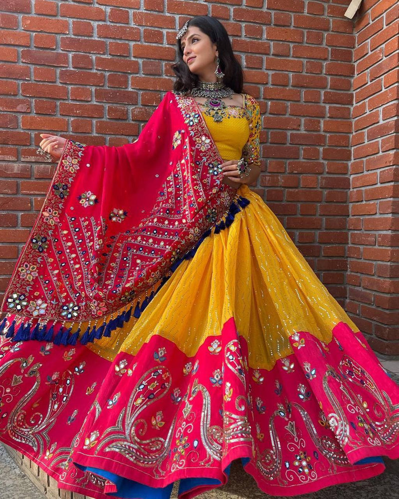 Traditional Wear Yellow And Pink Real Mirror Lehenga Choli