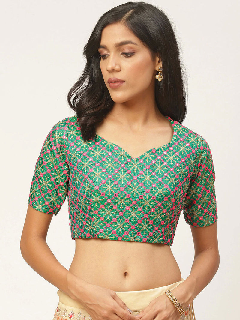 Women's Green Brocade Embroidered Readymade Saree Blouse