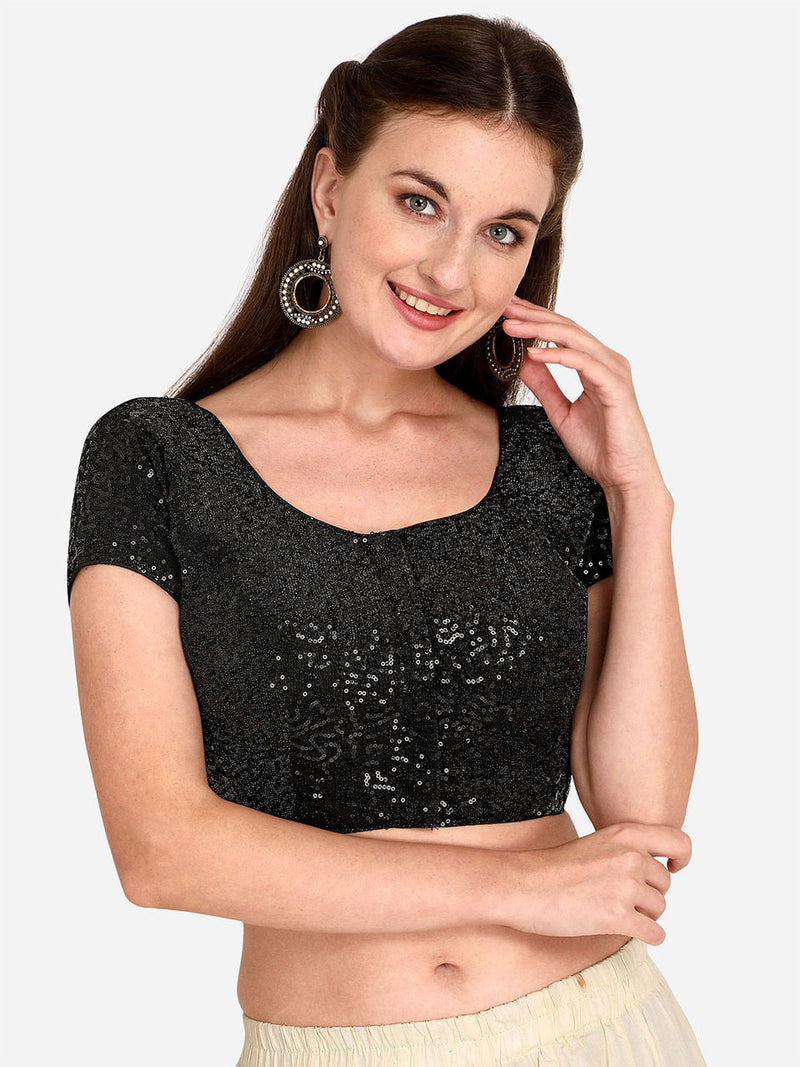 Womens Sequences Work Black Net Stiched Blouse With Round Neck