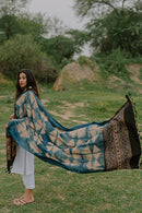 Printed Beige-Blue Handloom Cotton Dupatta