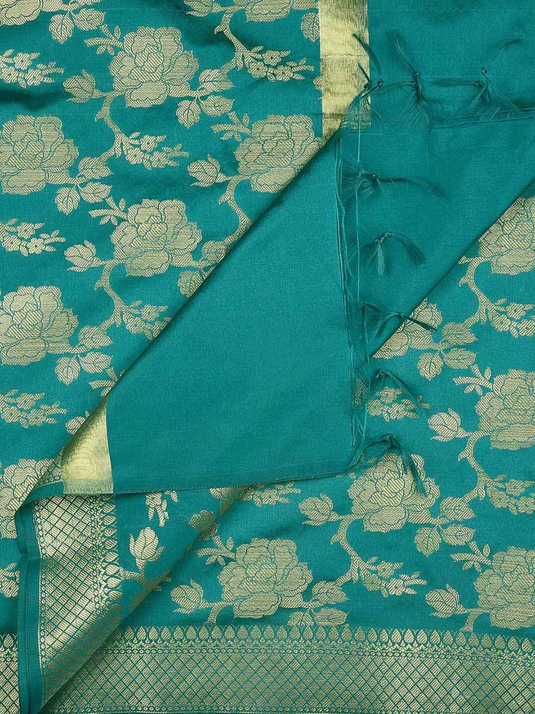 Rama Green Banarasi Silk Dupatta with floral design.