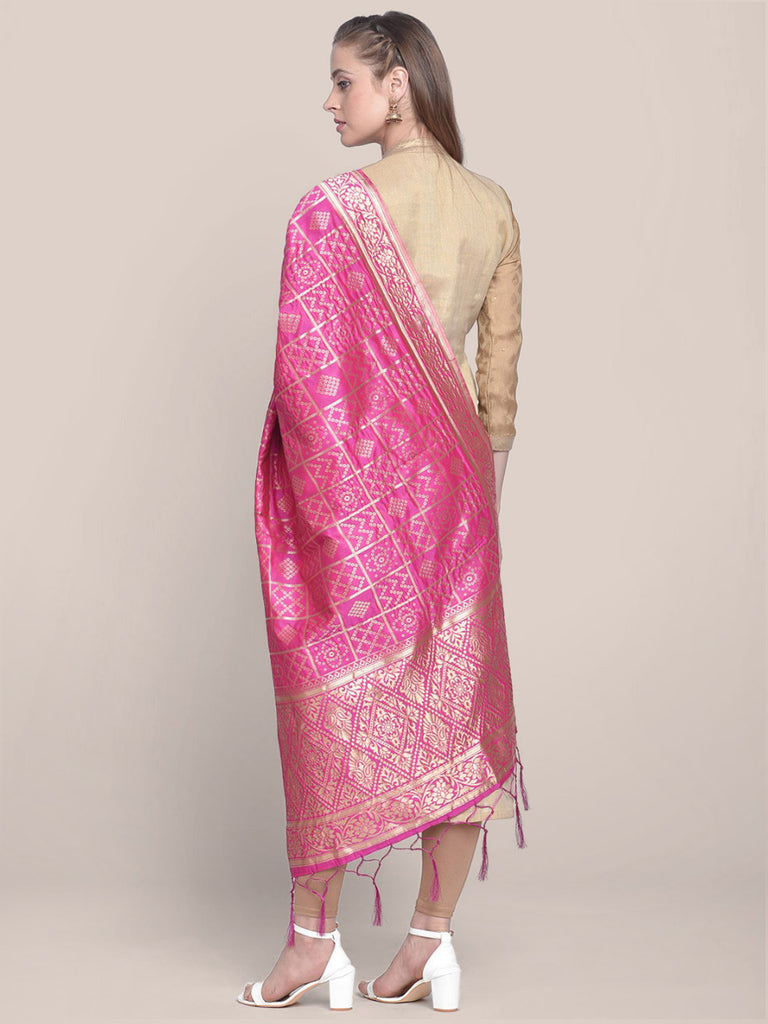 Woman's Pink Banarasi Silk Dupatta with floral Jaal