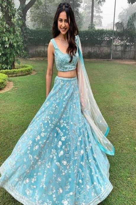 Sky Blue Mirror Jardoshi Embroidery Work Fancy Lehenga Choli