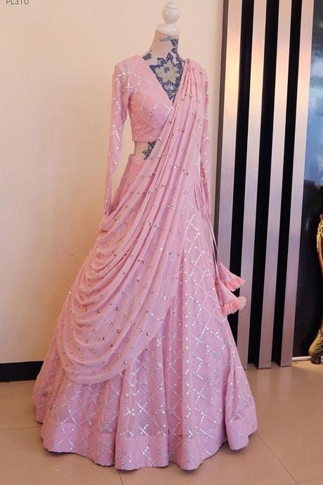 Pink Trendy Heavy Embroidered Georgette Lehenga Designs