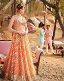 Women's Orange Taffeta Silk Paper Mirror Work Bridal Lehenga